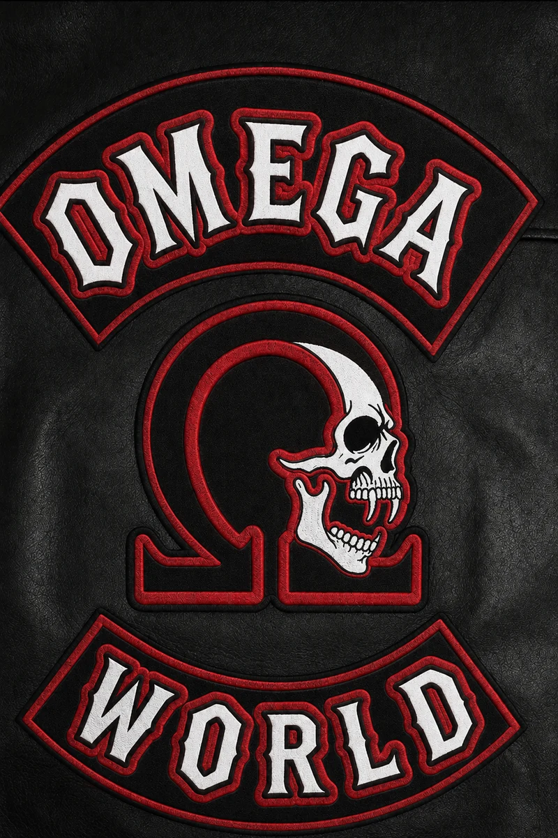 Omega World Brotherhood colors: top rocker, center skull patch, and bottom rocker on black leather